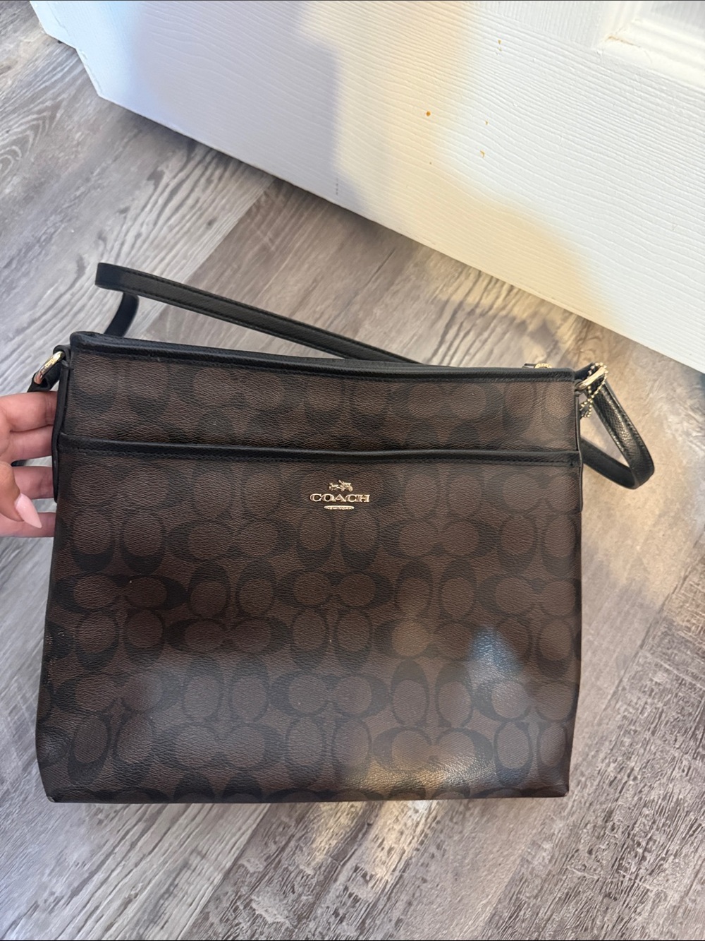 Coach Brown Monogram Messenger Bag with Black Trim
